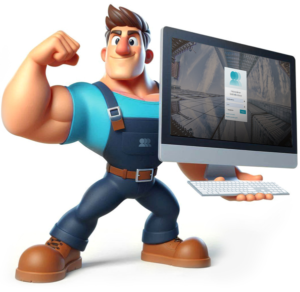 Un personaje de animación sostiene un ordenador donde se observa la pantalla de inicio de sesión de Worktime Observer