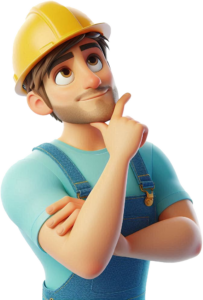 Personaje de animación vestido de trabajador con un casco de obrero pensando